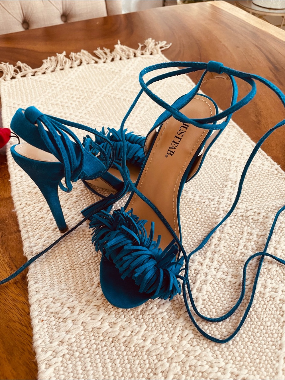 JustFab Teal Blue Suede Fringe Lace-Up Heels